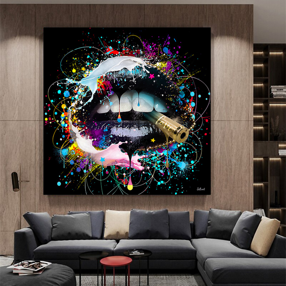 Abstract Graffiti Lips with Bullet Canvas Wall Hanging Art-MinimalisticDecor.com