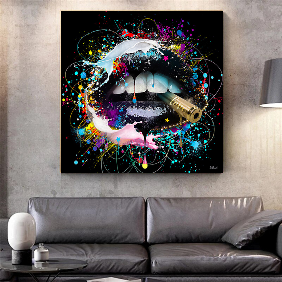 Abstract Graffiti Lips with Bullet Canvas Wall Hanging Art-MinimalisticDecor.com