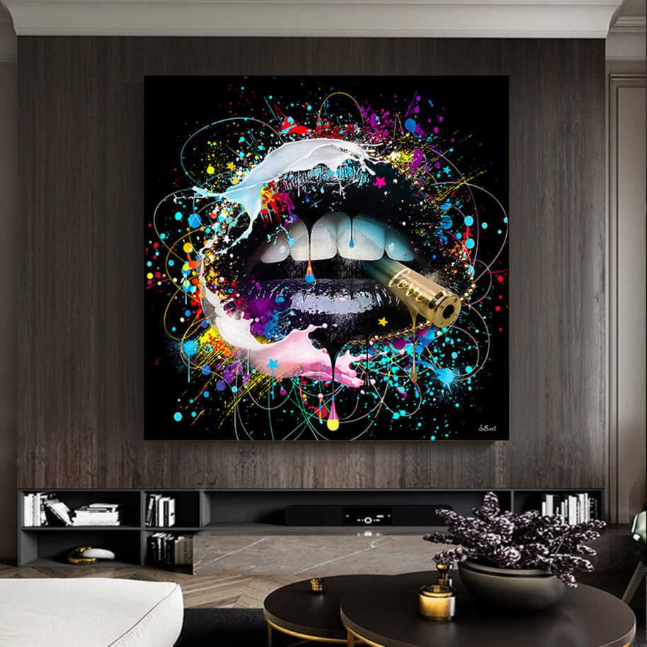 Abstract Graffiti Lips with Bullet Canvas Wall Hanging Art-MinimalisticDecor.com
