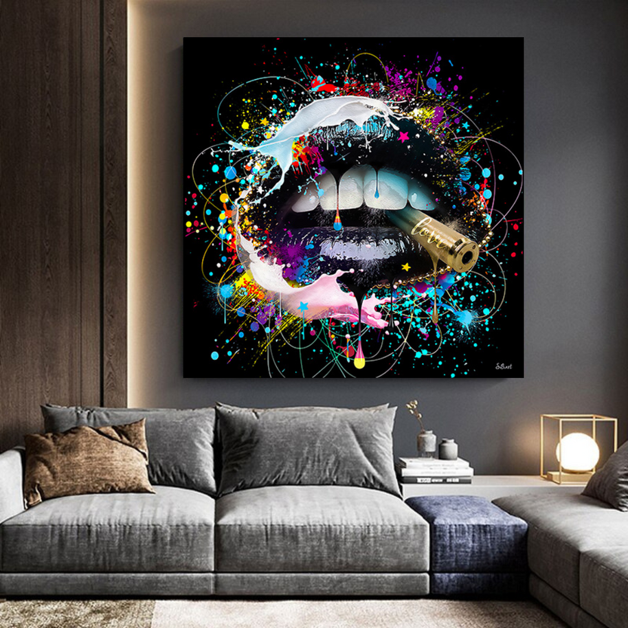 Abstract Graffiti Lips with Bullet Canvas Wall Hanging Art-MinimalisticDecor.com
