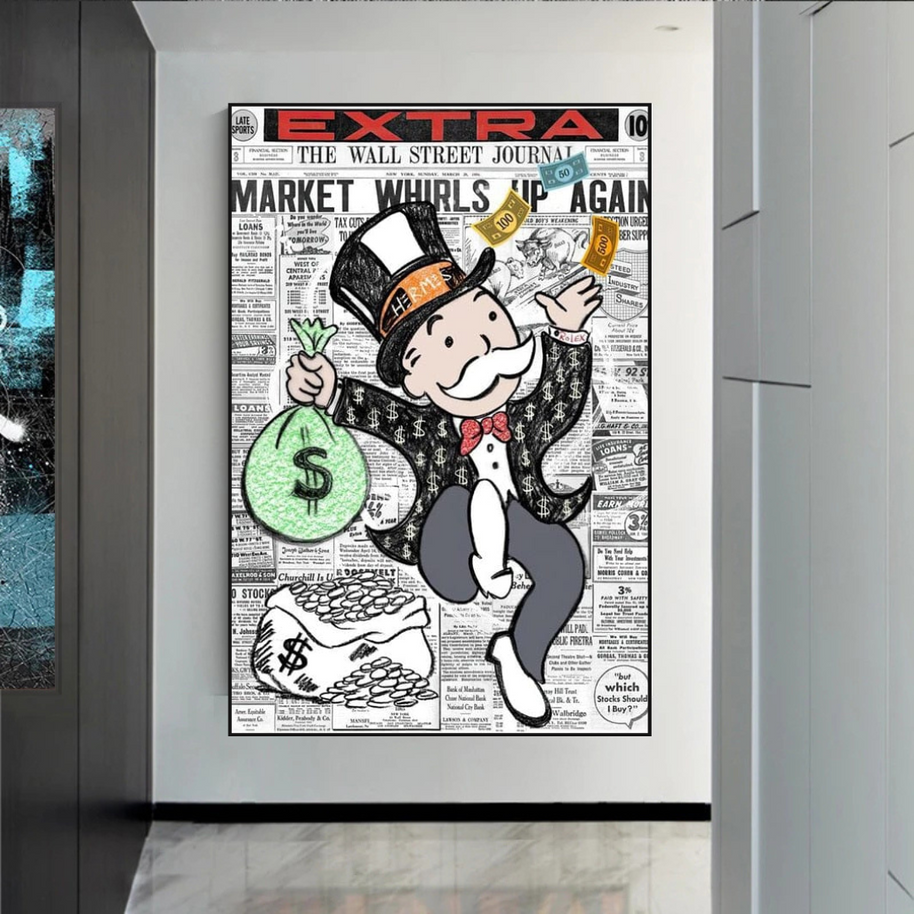 Alec Monopoly Money Bag Prints Newspaper Canvas Wall Art-MinimalisticDecor.com