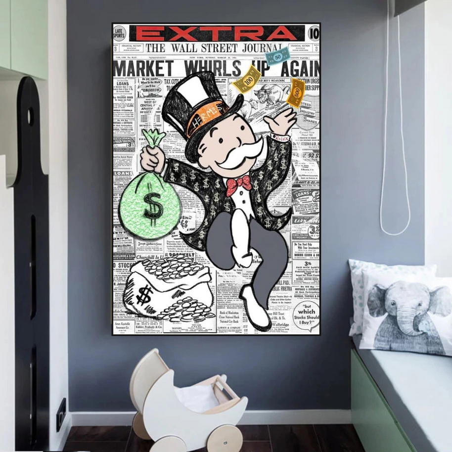 Alec Monopoly Money Bag Prints Newspaper Canvas Wall Art-MinimalisticDecor.com