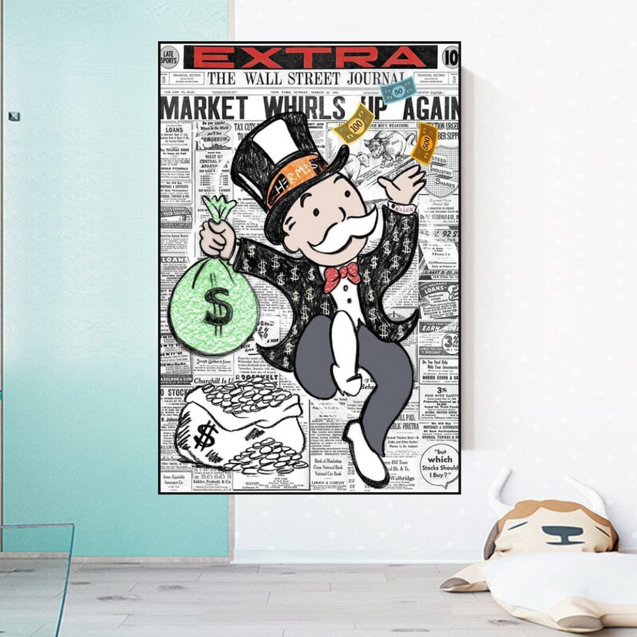 Alec Monopoly Money Bag Prints Newspaper Canvas Wall Art-MinimalisticDecor.com