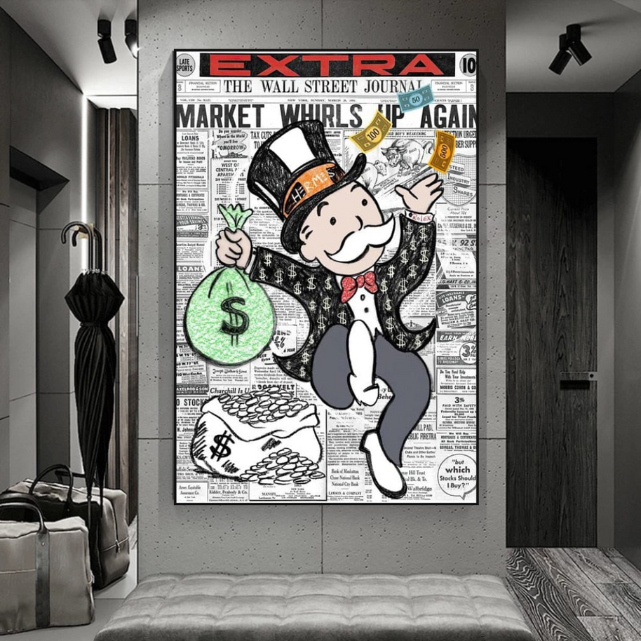 Alec Monopoly Money Bag Prints Newspaper Canvas Wall Art-MinimalisticDecor.com