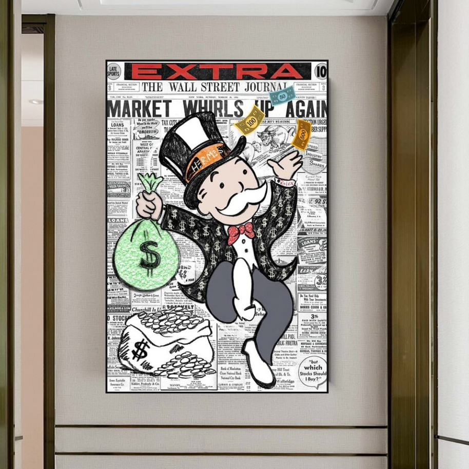 Alec Monopoly Money Bag Prints Newspaper Canvas Wall Art-MinimalisticDecor.com