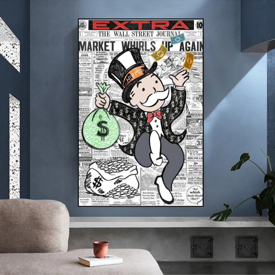 Alec Monopoly Money Bag Prints Newspaper Canvas Wall Art-MinimalisticDecor.com