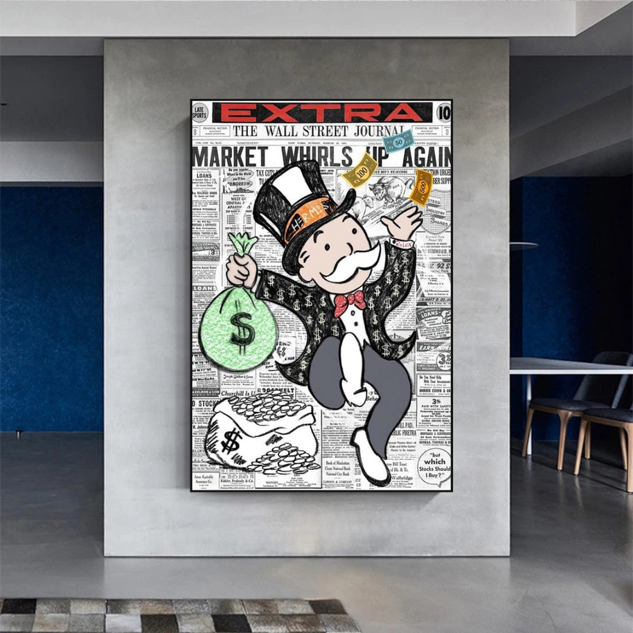 Alec Monopoly Money Bag Prints Newspaper Canvas Wall Art-MinimalisticDecor.com