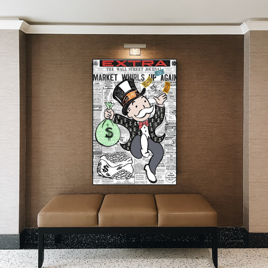 Alec Monopoly Money Bag Prints Newspaper Canvas Wall Art-MinimalisticDecor.com