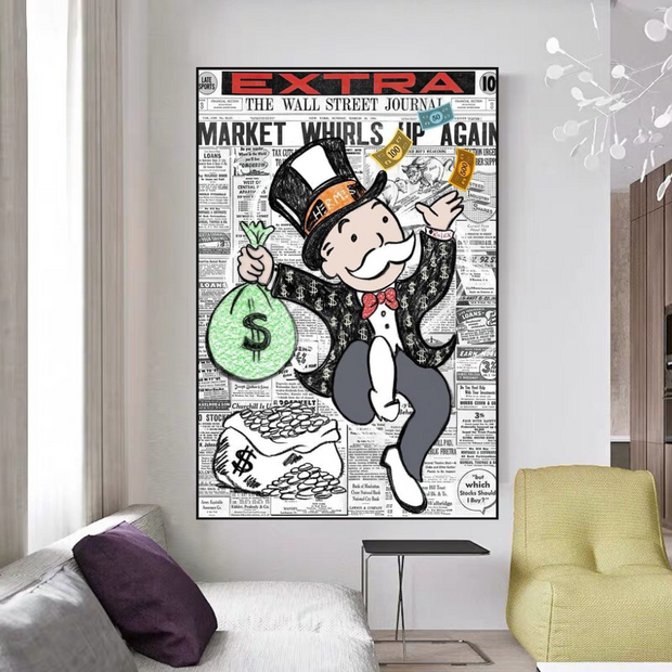 Alec Monopoly Money Bag Prints Newspaper Canvas Wall Art-MinimalisticDecor.com