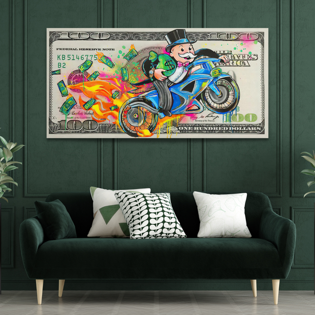 Alec Monopoly Money Millionaire on Heavy Bike Canvas Wall Art-MinimalisticDecor.com