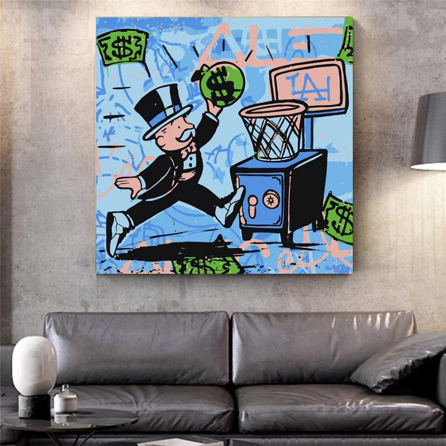 Alec Monopoly Wall Art: Money Bags Basket Goal-MinimalisticDecor.com