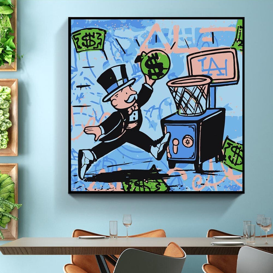 Alec Monopoly Wall Art: Money Bags Basket Goal-MinimalisticDecor.com