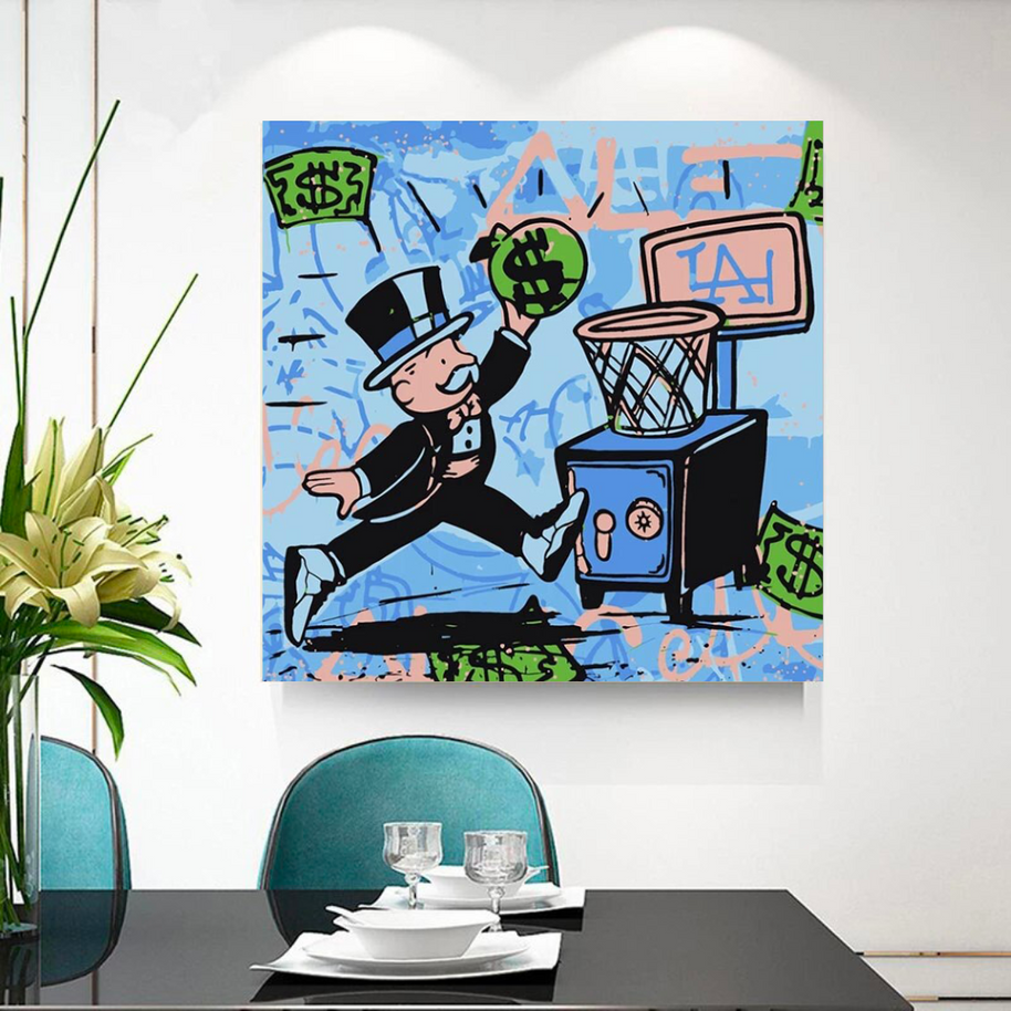 Alec Monopoly Wall Art: Money Bags Basket Goal-MinimalisticDecor.com
