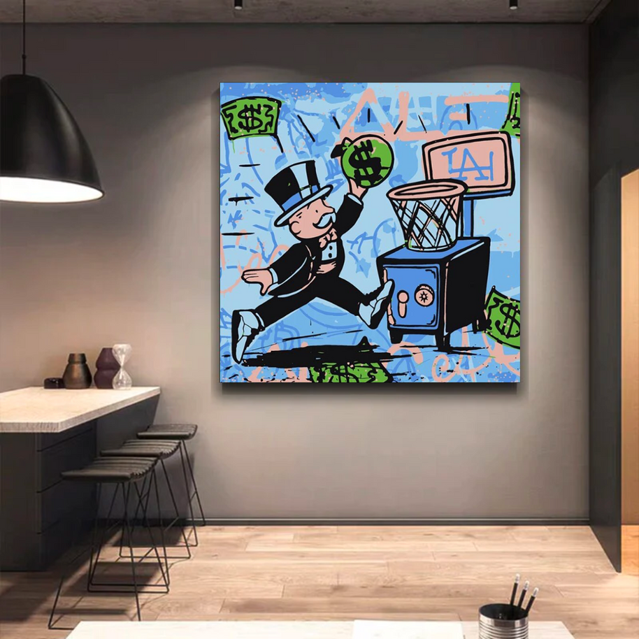 Alec Monopoly Wall Art: Money Bags Basket Goal-MinimalisticDecor.com