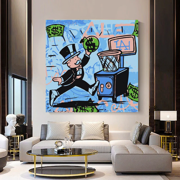 Alec Monopoly Wall Art: Money Bags Basket Goal-MinimalisticDecor.com