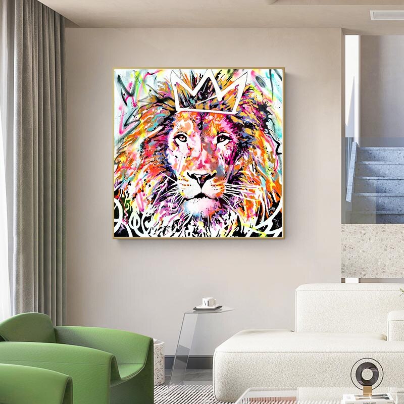 Animals Graffiti Lion With Crown Canvas Wall Art-MinimalisticDecor.com