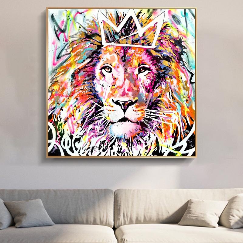 Animals Graffiti Lion With Crown Canvas Wall Art-MinimalisticDecor.com