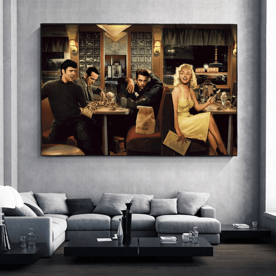 At the Diner: Marilyn, Elvis with James Dean Canvas Art-MinimalisticDecor.com