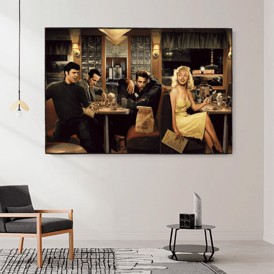 At the Diner: Marilyn, Elvis with James Dean Canvas Art-MinimalisticDecor.com