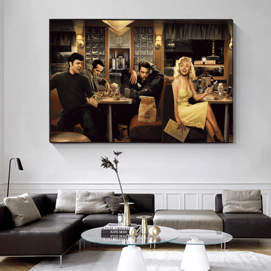 At the Diner: Marilyn, Elvis with James Dean Canvas Art-MinimalisticDecor.com