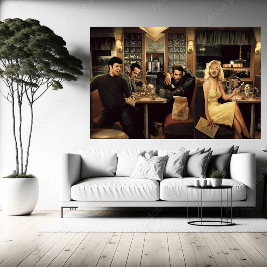 At the Diner: Marilyn, Elvis with James Dean Canvas Art-MinimalisticDecor.com