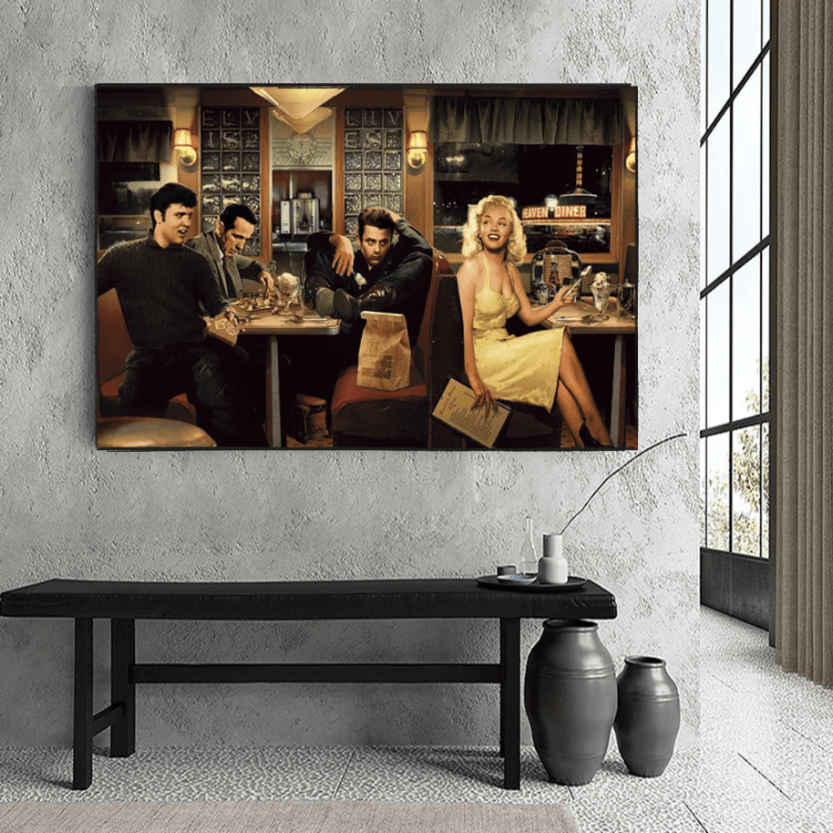 At the Diner: Marilyn, Elvis with James Dean Canvas Art-MinimalisticDecor.com