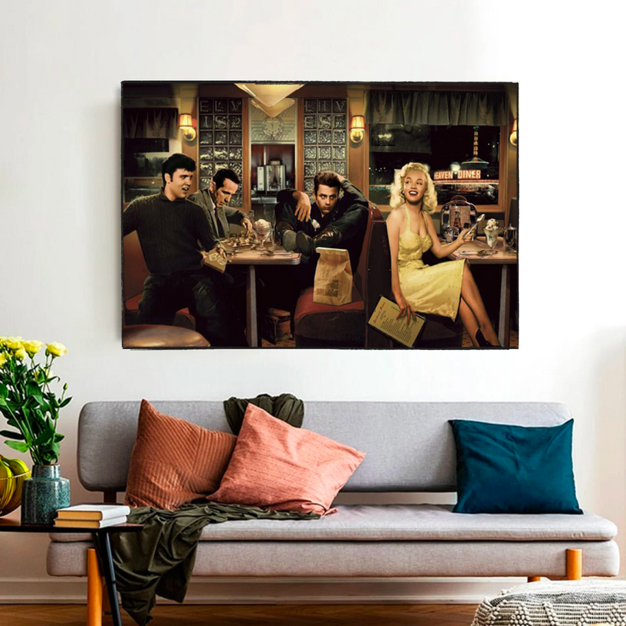 At the Diner: Marilyn, Elvis with James Dean Canvas Art-MinimalisticDecor.com