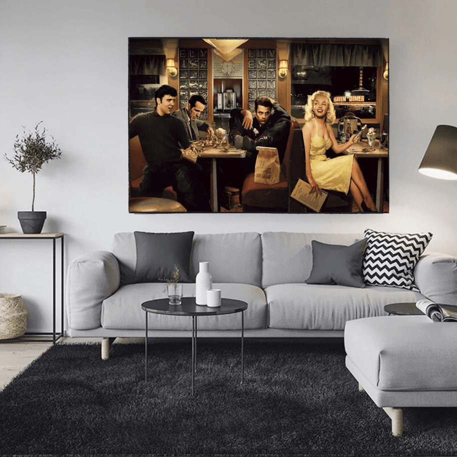At the Diner: Marilyn, Elvis with James Dean Canvas Art-MinimalisticDecor.com