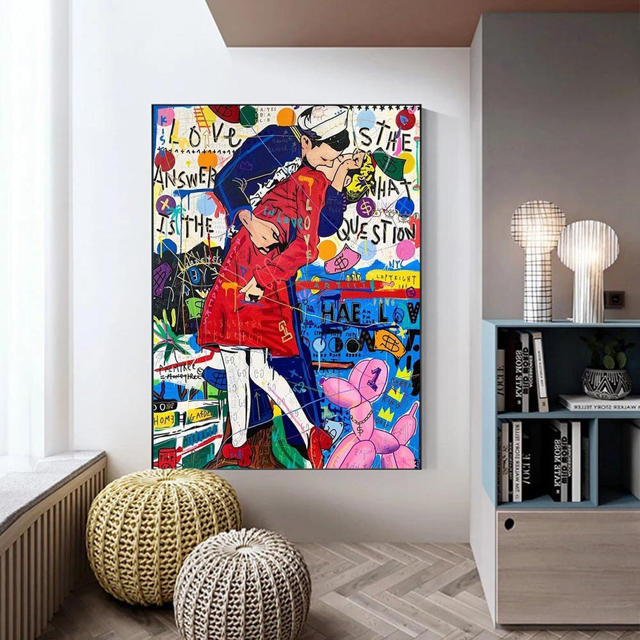 Banksy Abstract Graffiti Couple Kissing Canvas Wall Art-MinimalisticDecor.com