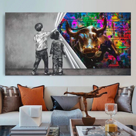 Banksy Art Boy Girl Pulling Curtain Canvas Wall Art-MinimalisticDecor.com