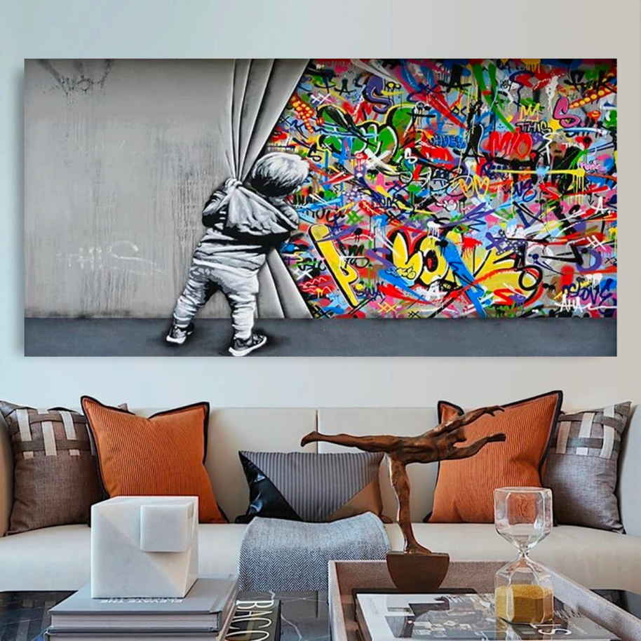 Banksy Boy pulling curtain Canvas Wall Art-MinimalisticDecor.com
