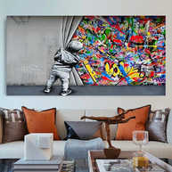 Banksy Boy pulling curtain Canvas Wall Art-MinimalisticDecor.com