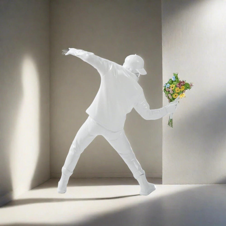 Banksy Flower Bomber Boy Statue Sculpture-MinimalisticDecor.com