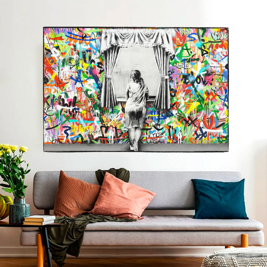 Banksy Freedom Curtains Lady Canvas Wall Art-MinimalisticDecor.com