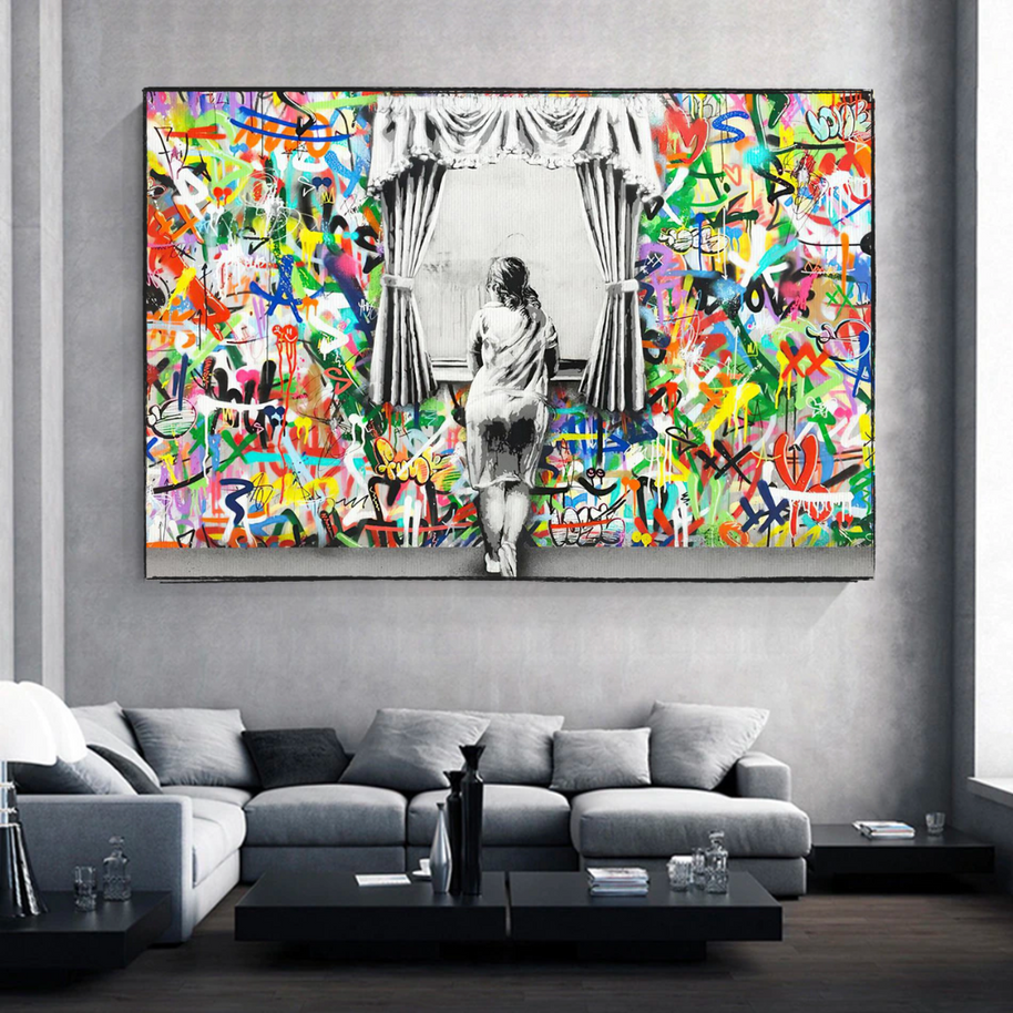 Banksy Freedom Curtains Lady Canvas Wall Art-MinimalisticDecor.com