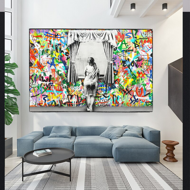 Banksy Freedom Curtains Lady Canvas Wall Art-MinimalisticDecor.com