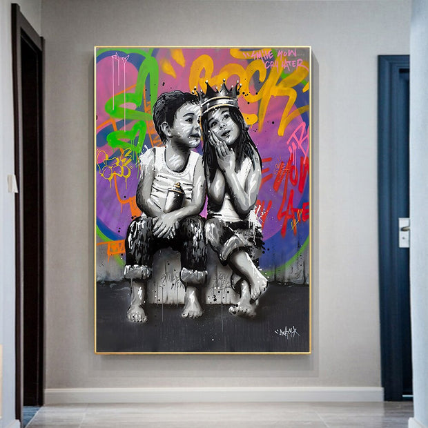 Banksy Graffiti Art Love Boy and Girl Canvas Wall Art-MinimalisticDecor.com