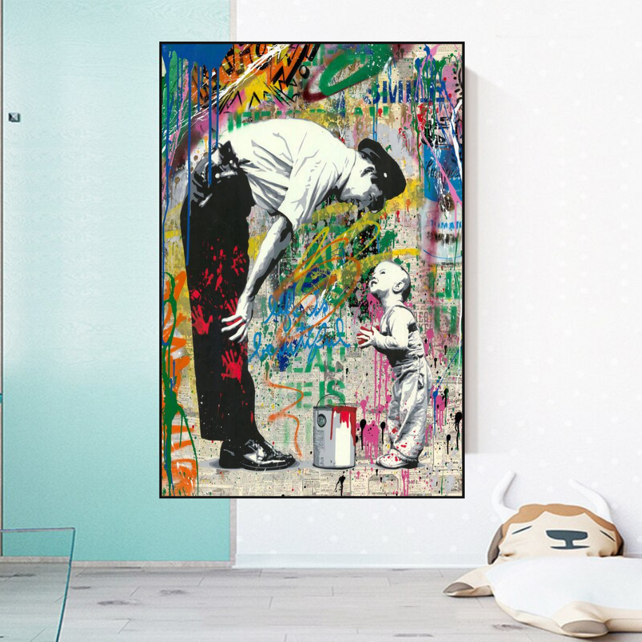 Banksy "Life is Beautiful" Cute Baby Boy & Man Canvas Wall Art-MinimalisticDecor.com