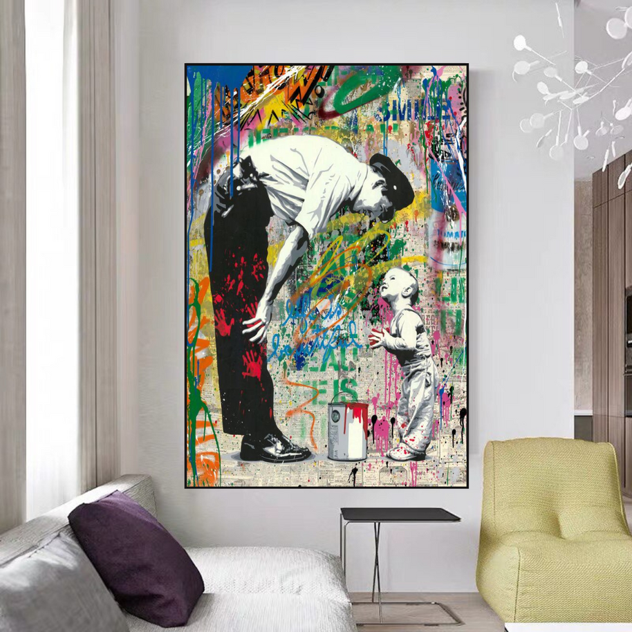Banksy "Life is Beautiful" Cute Baby Boy & Man Canvas Wall Art-MinimalisticDecor.com