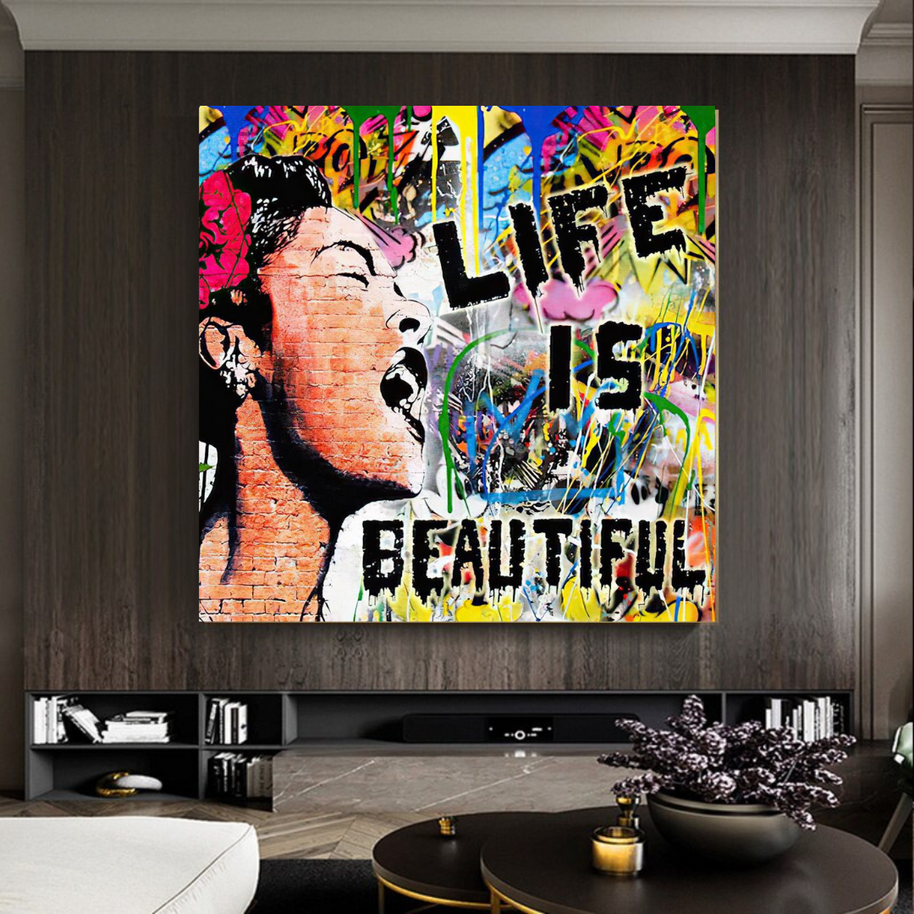 Banksy Life is Beautiful Graffiti Canvas Wall Art-MinimalisticDecor.com