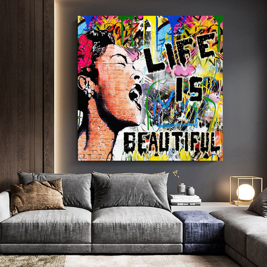 Banksy Life is Beautiful Graffiti Canvas Wall Art-MinimalisticDecor.com