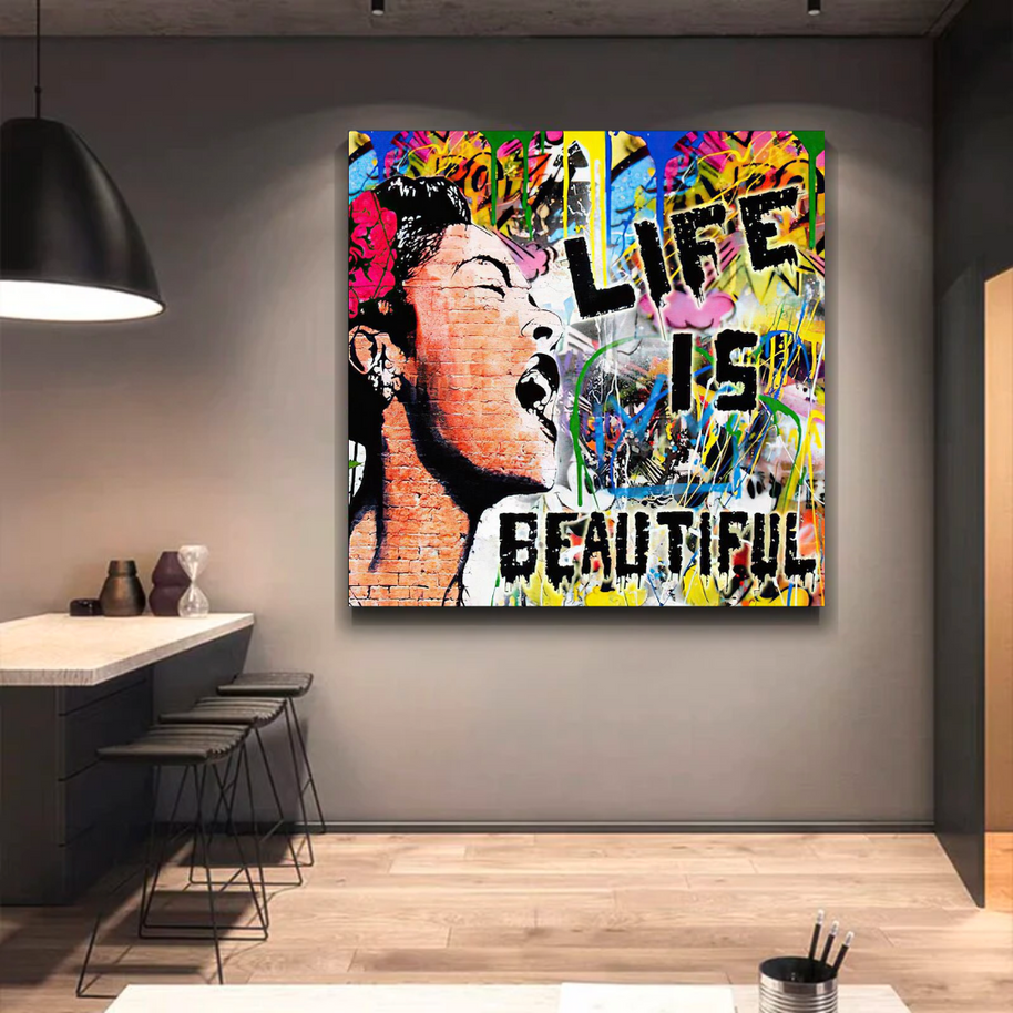 Banksy Life is Beautiful Graffiti Canvas Wall Art-MinimalisticDecor.com