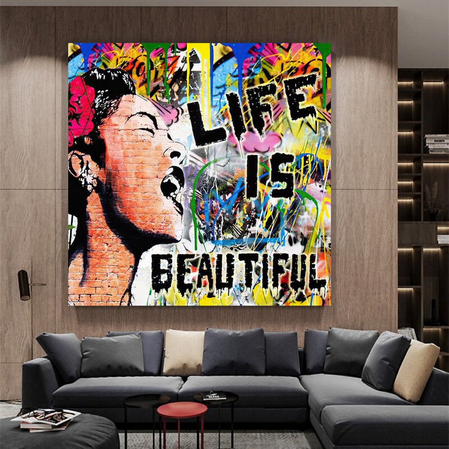 Banksy Life is Beautiful Graffiti Canvas Wall Art-MinimalisticDecor.com