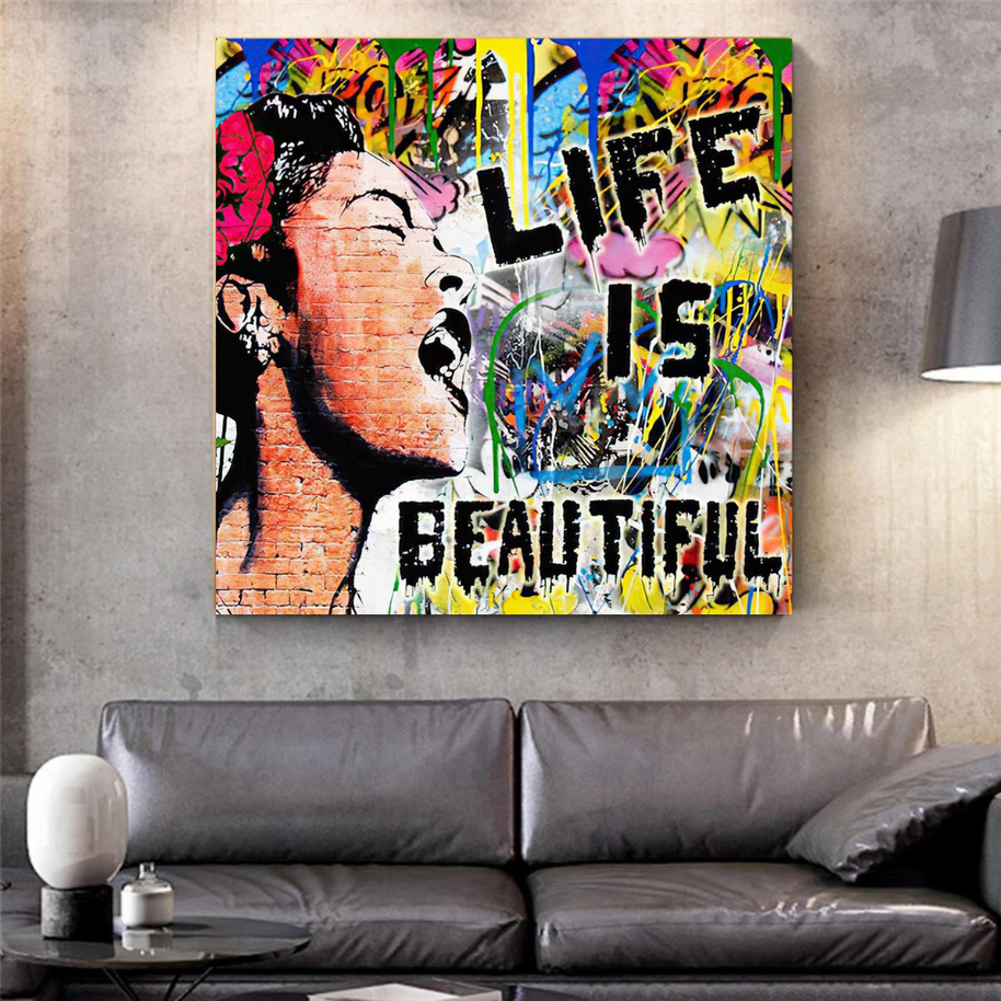 Banksy Life is Beautiful Graffiti Canvas Wall Art-MinimalisticDecor.com