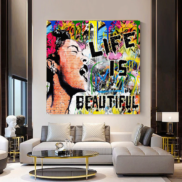 Banksy Life is Beautiful Graffiti Canvas Wall Art-MinimalisticDecor.com