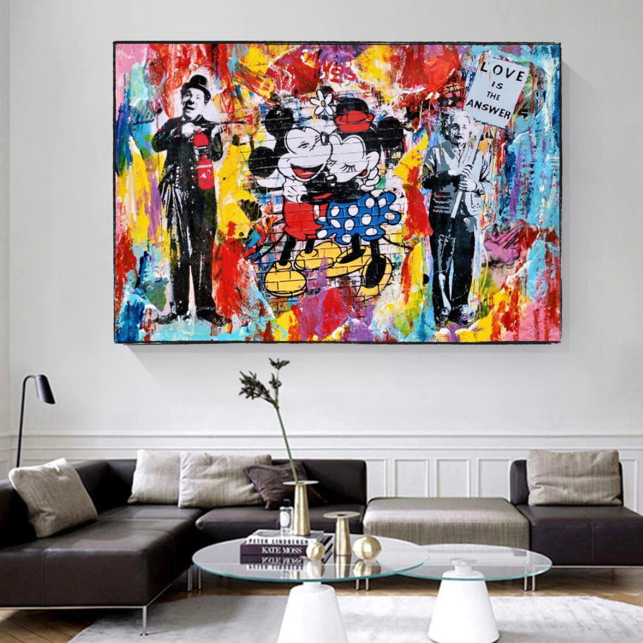 Banksy Love is the Answer Canvas Wall Art - Mickey, Minnie, Chaplin, Einstein-MinimalisticDecor.com