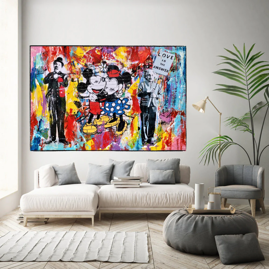 Banksy Love is the Answer Canvas Wall Art - Mickey, Minnie, Chaplin, Einstein-MinimalisticDecor.com