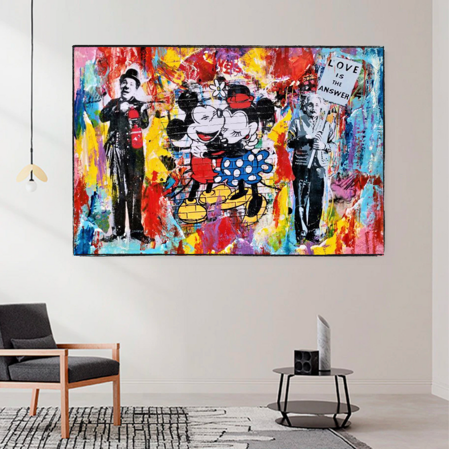 Banksy Love is the Answer Canvas Wall Art - Mickey, Minnie, Chaplin, Einstein-MinimalisticDecor.com