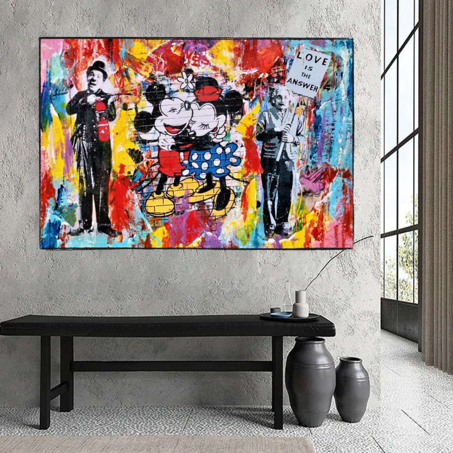 Banksy Love is the Answer Canvas Wall Art - Mickey, Minnie, Chaplin, Einstein-MinimalisticDecor.com