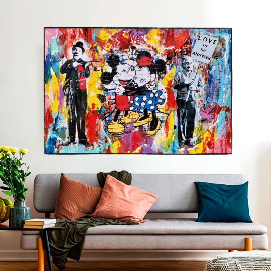 Banksy Love is the Answer Canvas Wall Art - Mickey, Minnie, Chaplin, Einstein-MinimalisticDecor.com